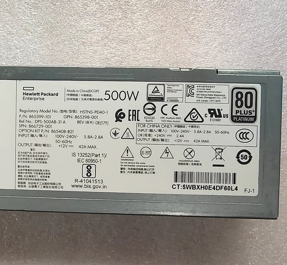 HPE/HP DL380 360 G10 Gen10 500W Power Supply 865398-001 865399-501 865399-101