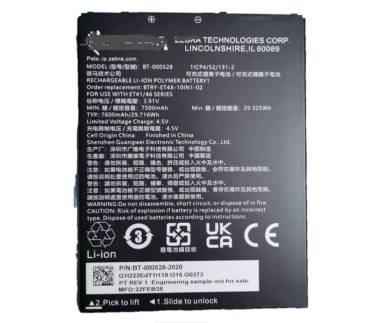Nouvelle batterie BT-000527 BT-000528 pour tablette PC ZEBRA ET41/ET46