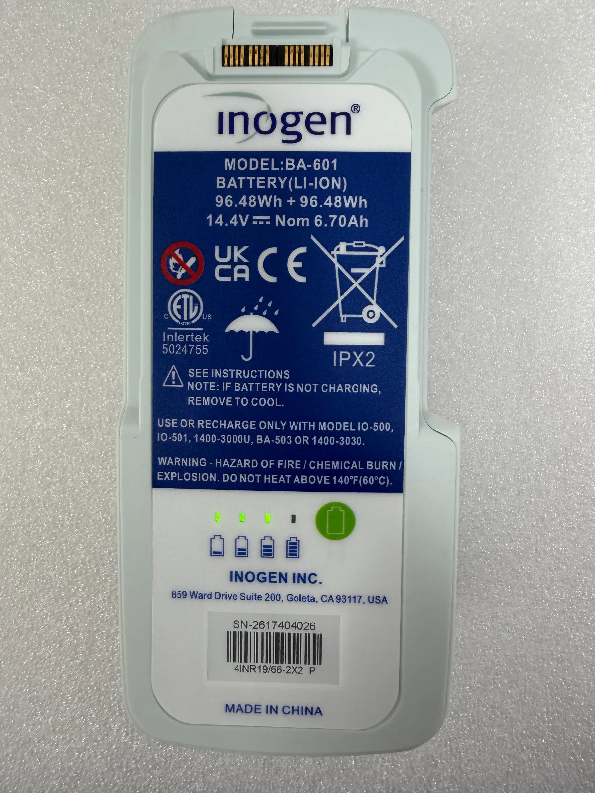 Inogen BA-601 14.4V-6.70Ah 96.48Wh+96.48Wh Replacement Battery