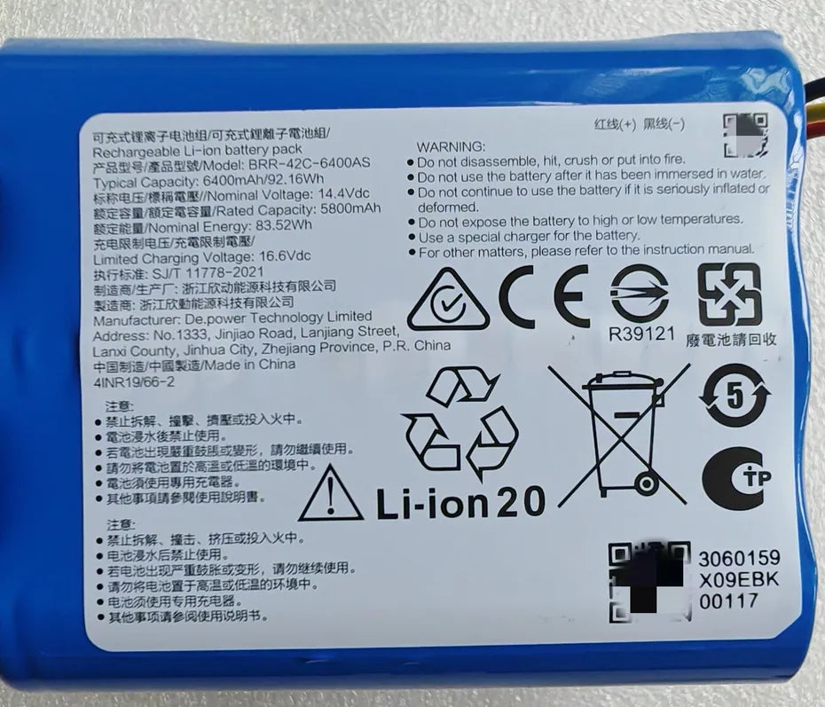 BRR-42C-5200AF BRR-42C-6400AS Battery for Roborock P20 Plus 6400mAh 92.16Wh